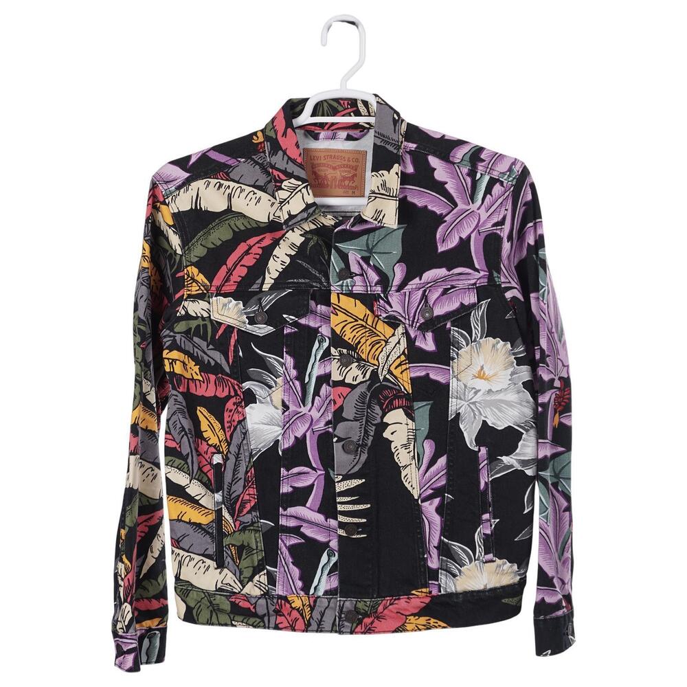 Levi's Island Party Trucker Jacket Size M Tropical Floral Hawaiian Print Denim